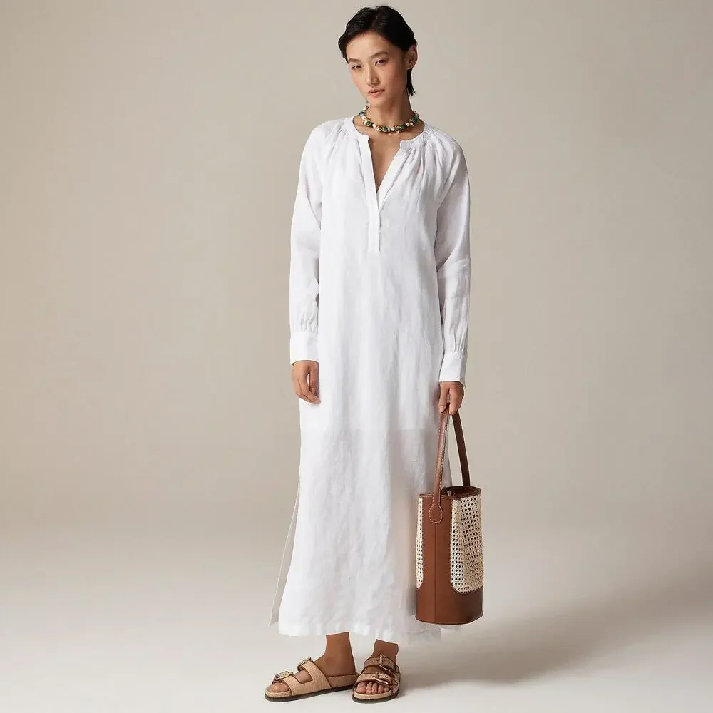 J.Crew Cabana Long Sleeves V-Neck Dress In Linen - XXS